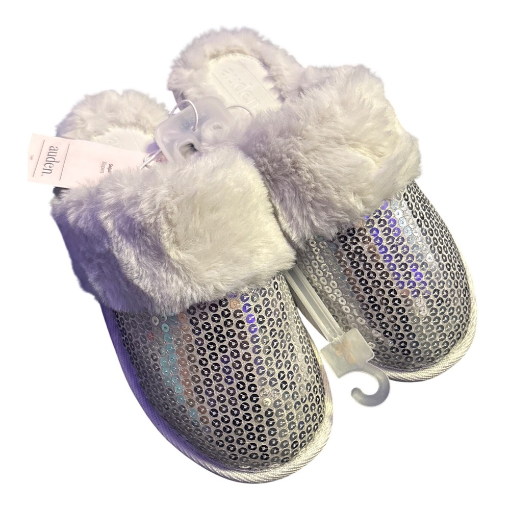 NEW Auden Women's Silver Sequin Faux Fur Slippers Size 5/6